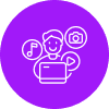 Colorful icon representing diverse skills and multitasking, featuring interconnected symbols of a computer, camera, and gear on a vibrant purple background.
