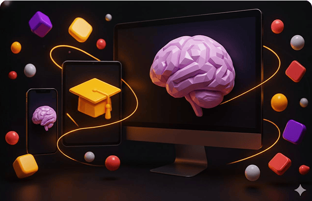 A digital illustration featuring a brain, graduation cap, and electronic devices representing knowledge, learning, and technology in education and self-development.