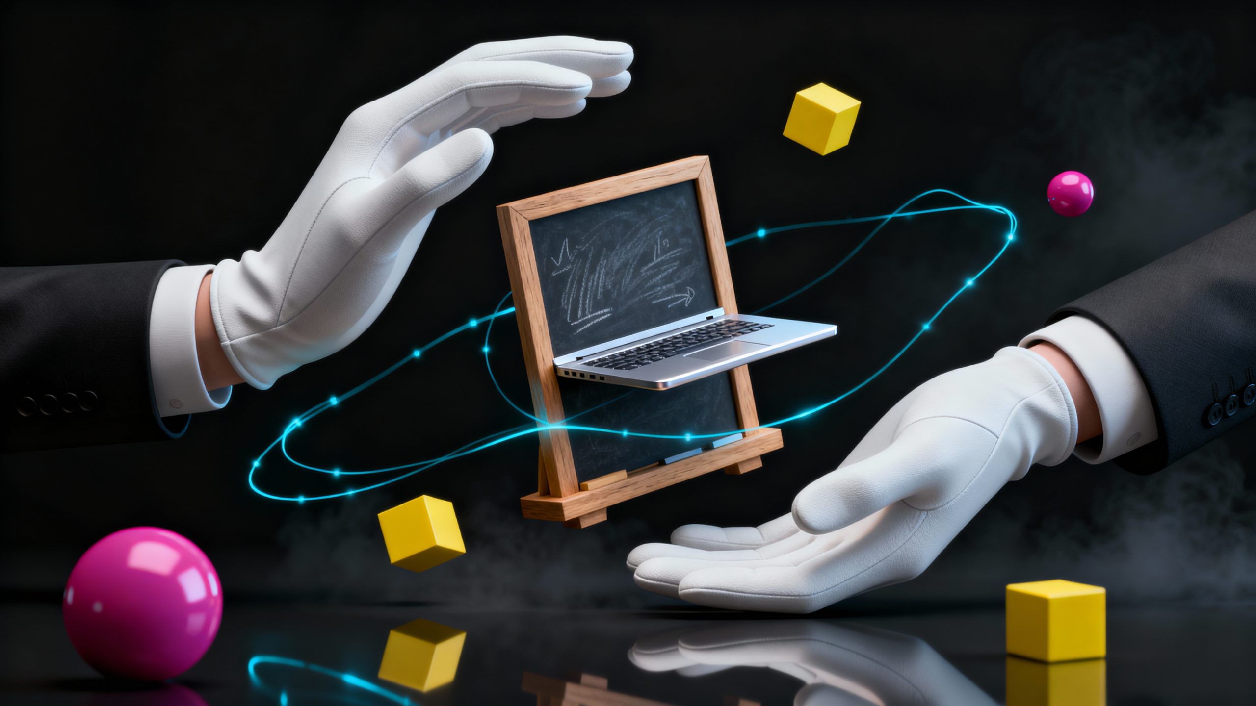AI-powered technology and digital innovation concept, featuring hands in suits and white gloves, a small floating laptop with a chalkboard screen, and glowing digital lines with colorful geometric shapes against a dark background.