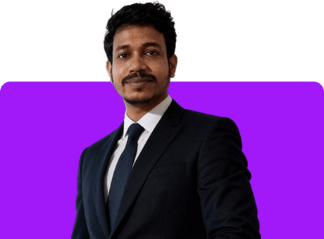 Professional businessman in suit with purple background, representing expertise, versatility, and entrepreneurship. Perfect for SEO keywords related to business, skills, trades, and personal development.